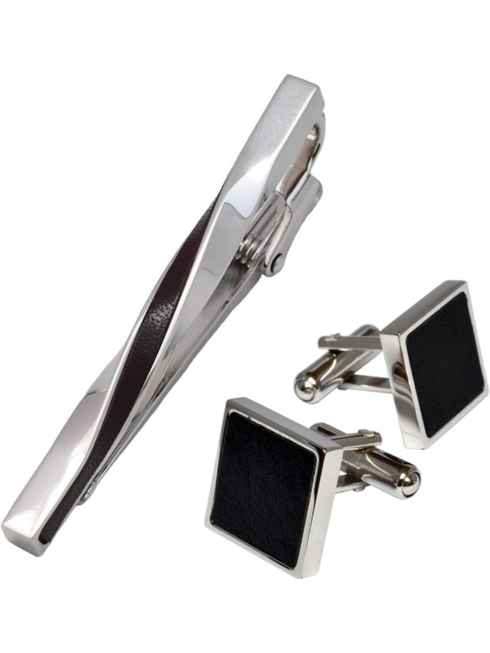 Stylish Men's Cufflinks & Tie Clip Set - Genuine Leather, Elegant Accessories